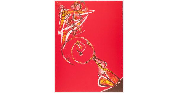 An abstract color print featuring triangular and spiral shapes in yellow, white, and black on a bright red background flowing diagonally from top left to lower right.