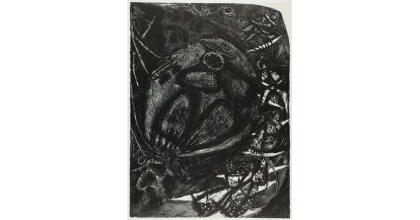 An abstract black-and-white print of many organic shapes, mostly circles and ovals, arranged to suggest an insect.