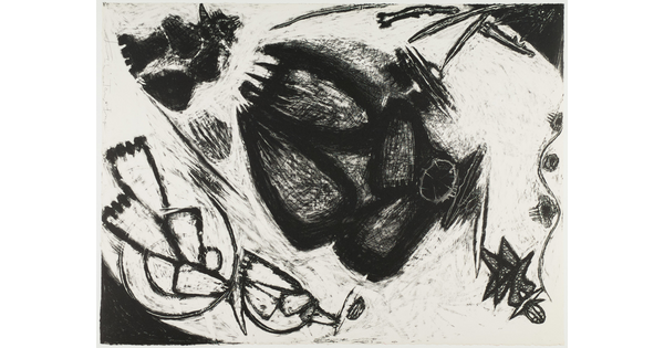 An abstract black-and-white print of organic black shapes and lines on a mostly white field.