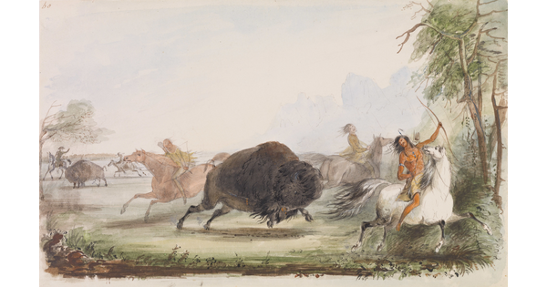 A watercolor of a group of Indigenous people on horses around a bison.