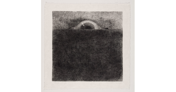 An abstract black-and-white print of an eye rising like the sun from behind a textured dark gray field.