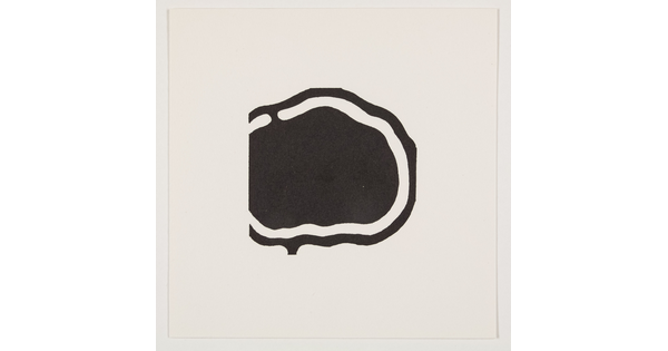A black-and-white print of an abstract, almost round black shape outlined in white and then outlined in black on a white background.