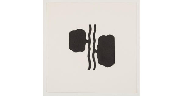 A black-and-white print of abstract black shapes that almost look like kidneys attached to two vertical wavy black lines.