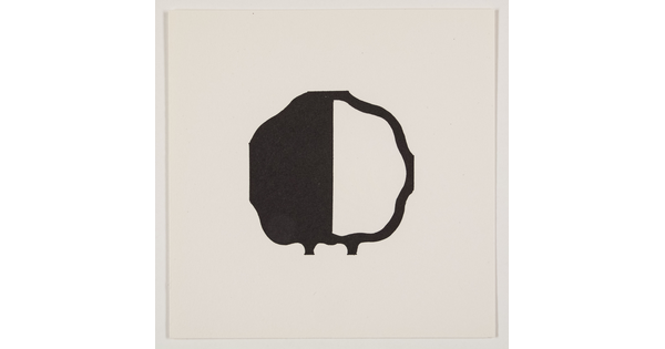 A black-and-white print of an abstract, almost round shape outlined in black, the left half black and the right half white.