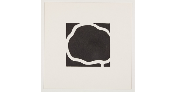 A black-and-white abstract print of a wavy black circle outlined in white.
