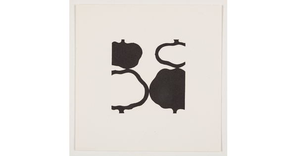 A black-and-white abstract print of four tree-like shapes: two smaller and upside down on the top, two larger at the bottom, all alternating black and white.