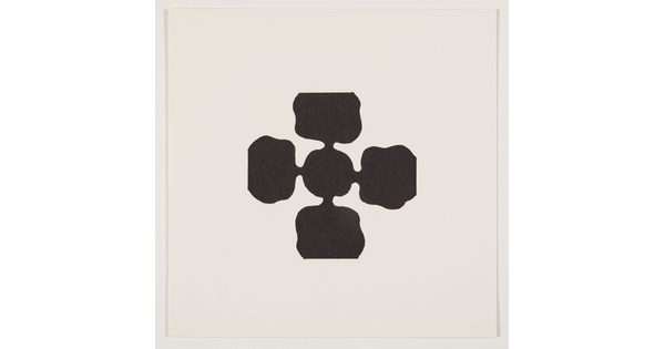 A black-and-white abstract print of five wavy black circles, one in the center and one at top, bottom, left, right.
