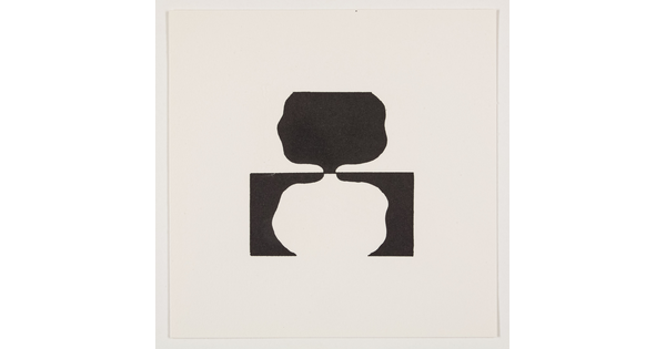 A black-and-white abstract print of a black tree-like shape and its mirror image in white underneath it.