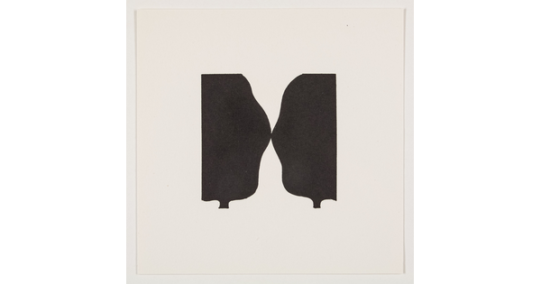 A black-and-white abstract print of two wavy black ovals touching at the center. 