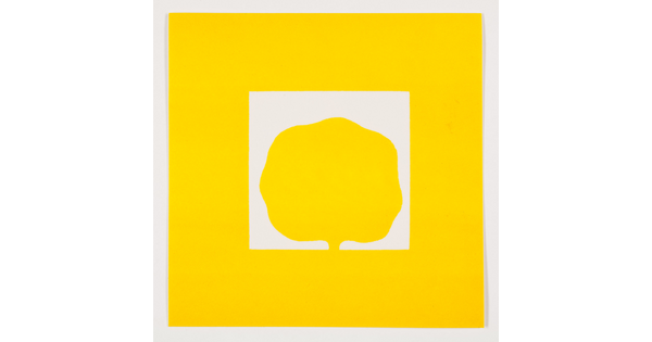 A color print of an abstract, yellow tree-like shape in a white box on a yellow background.