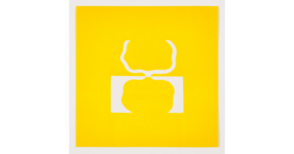 A color print of abstract, tree-like shapes: on the top, a white outline on yellow, and reflected on the bottom, a yellow shape on white.