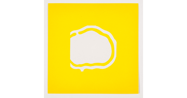 A color print of an abstract, almost round white shape outlined in yellow and then outlined in white on a yellow background.