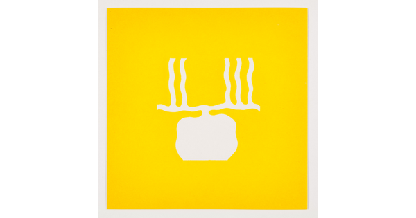 A color print of an abstract, almost round white shape under horizontal and vertical wavy white lines on a yellow background.