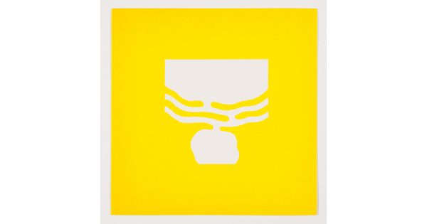 A color print of an abstract, almost round partial white shape at the top with white wavy lines around it and an almost-round white shape underneath all on a yellow background.