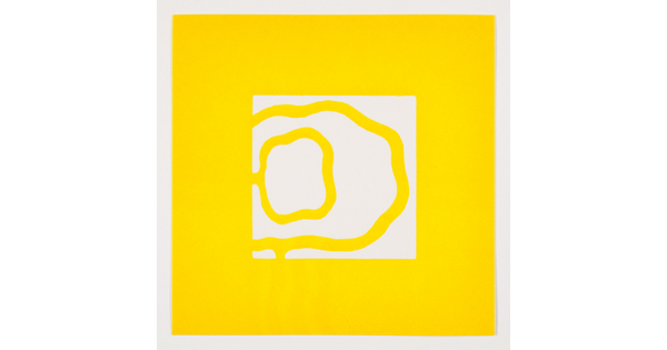 A color print of a white square with thick, circular wavy yellow lines on a yellow background.