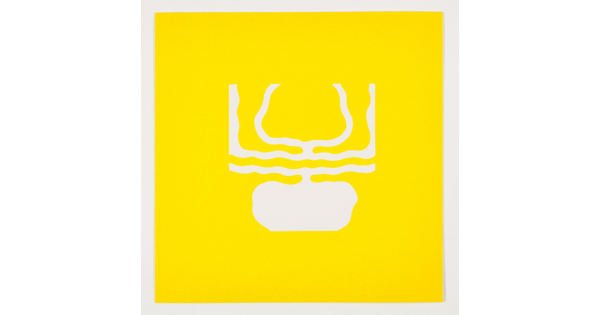 A color print of an abstract, almost round white shape under wavy white lines that curve up on a yellow background.