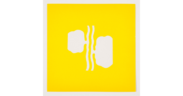 A color print of abstract white shapes that almost look like kidneys attached to two vertical wavy white lines on a yellow background.