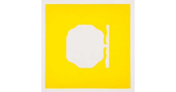 A color print of an abstract, tree-like white shape connected to a vertical, wavy white line at the right edge on a yellow background.