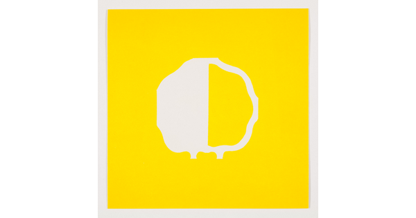 A color print of an abstract, almost round shape outlined in white, the left half white and the right half yellow, all on a yellow background.