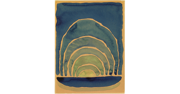 A watercolor painting of concentric arches in shades of blue.