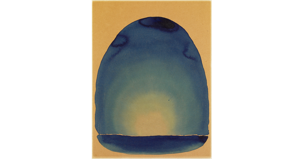 A watercolor of an irregular shaped blue oval on a gold background with gold radiating from its center.