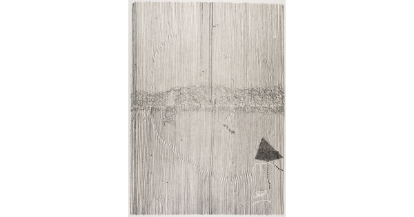 An abstract black-and-white print of a dark shape that resembles a kite in the lower right and vertical black lines filling the background.