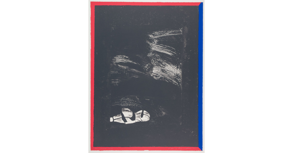 An abstract color print with a black-and-white design resembling brush strokes, bordered with red and blue lines.