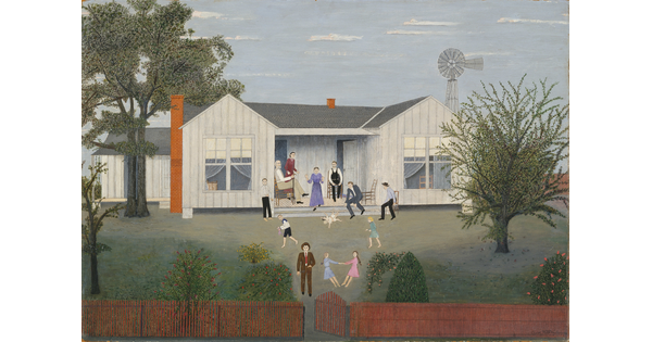 A painting of a farm house surrounded by trees with a people playing, running, and sitting on the porch.