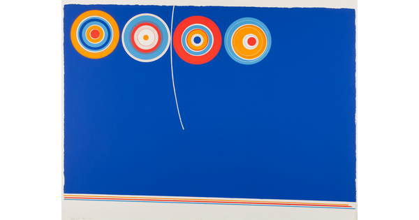 An abstract color print of four multicolored circles with rings of yellow, white, and orange on a blue background.