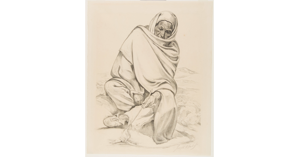 A black-and-white print of a seated Indigenous person wrapped in a blanket poking a fire with a stick.