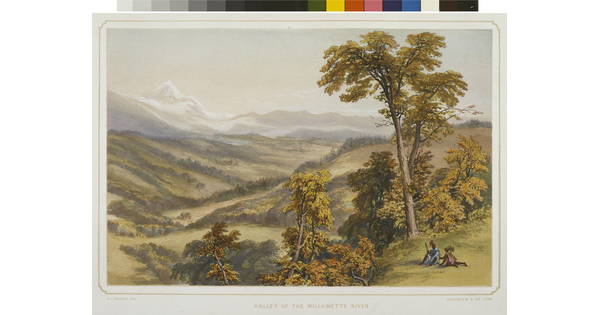 A color print of two Indigenous people sitting on a hill overlooking a river valley with mountains in the distance.