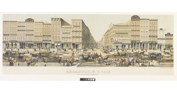 A color print of a crowded city street filled with tall buildings, people, horses, and carriages.