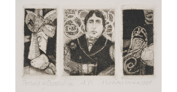 A black-and-white print of three scenes with a portrait of Oscar Wilde in the center and household items on either side.