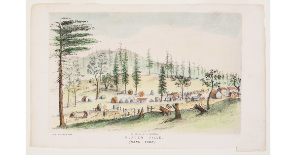 A color print of a quaint village on a wooded hill and people chopping down trees to make more room.