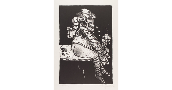 An abstract black-and-white print of a person sitting sideways on a ledge holding a pole in their hands.