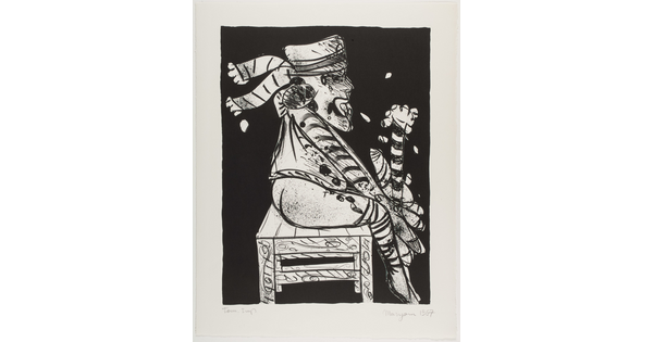 An abstract black-and-white print of a person sitting sideways on a bench holding a pole in their hands.