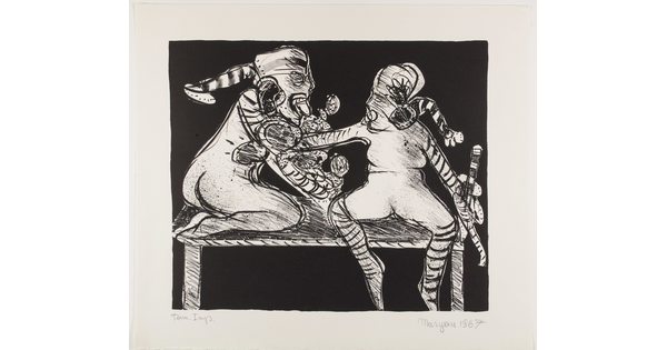 An abstract black-and-white print of two cartoon-like people seated on a table and engaged in some sort of interaction.