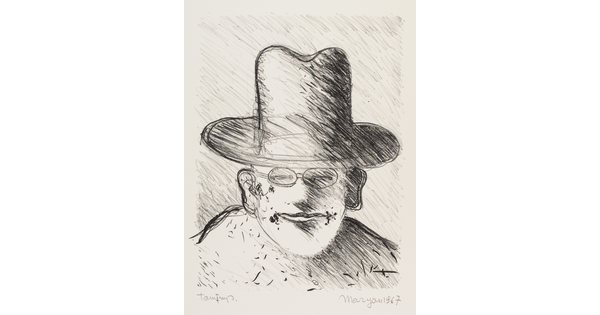 A black-and-white print portrait in a sketch-like style of a person wearing a tall hat and glasses.
