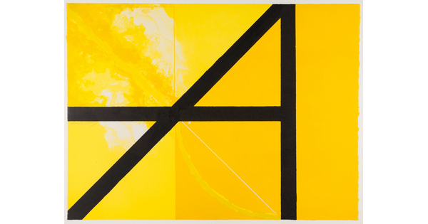 A color print of thick black lines that form the letter "A" on a bright yellow background with abstracted cloud shapes.