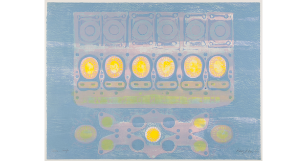 An abstract color print of seven yellow sun shapes layered with pink circular designs on a light blue background.