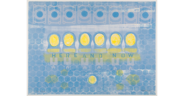 An abstract color print of seven yellow suns within blue circles above the words "here and now" in capital letters on a background filled with light blue circles.