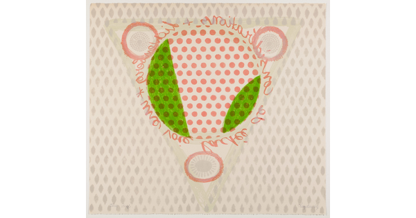 An abstract color print of a circle, made of pink polka dots with green shapes at the edge, surrounded by cursive handwriting on a light gray diamond pattern.