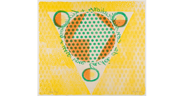 An abstract color print of a circle, made of green polka dots with orange shapes at the edge, surrounded by cursive handwriting on a yellow diamond pattern.