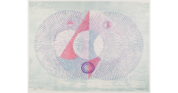 An abstract color print of three overlapping circles made of radiating purple lines and red highlights on a light blue background.
