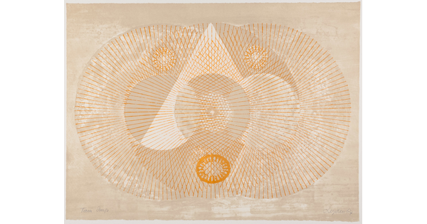 An abstract color print of three overlapping circles made of radiating orange lines on a tan background.