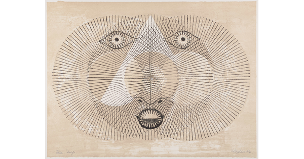 An abstract color print of three overlapping circles made of radiating black lines, eyes and a mouth in the center, on a tan background.