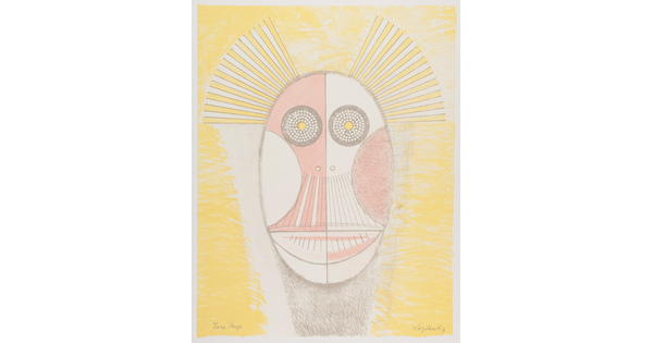 A color print of a stylized oval face with large round eyes, semi-circular cheeks, and striped mouth or beak in yellow and orange.