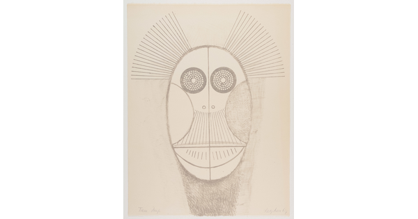 A black-and-white print of a stylized oval face with large round eyes, semi-circular cheeks, and striped mouth or beak.