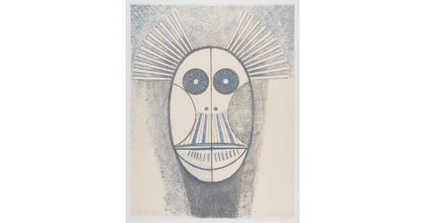 A color print of a stylized oval face with large round eyes, semi-circular cheeks, and striped mouth or beak in blue and gray.