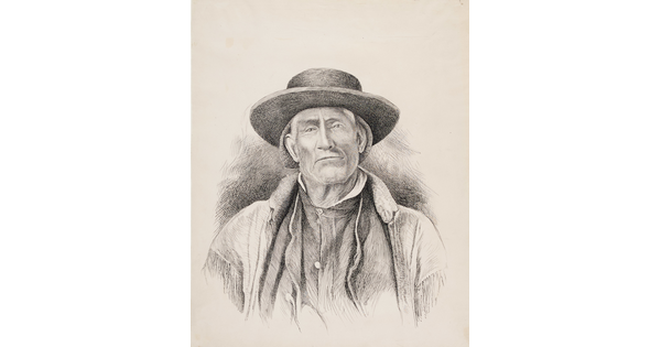 A black-and-white drawing of a man wearing a wide brimmed hat and a jacket with fringe on the shoulders over a button-down shirt.